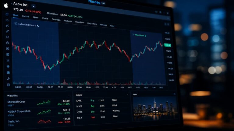 Pantalla de trading con acciones de EU fuera del horario regular