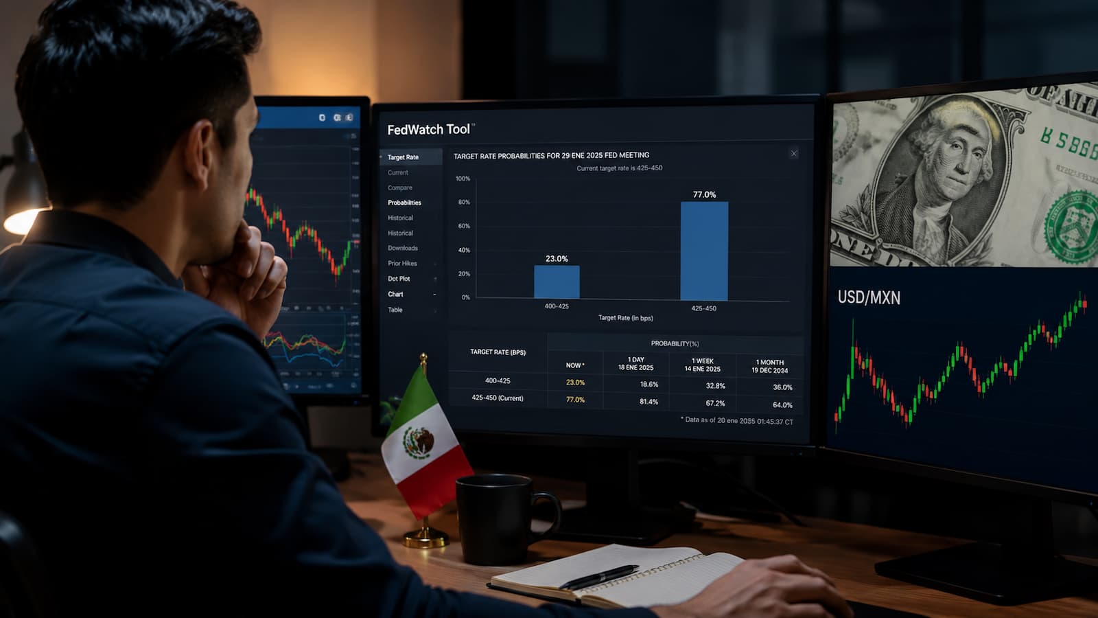 Trader mexicano revisa FedWatch dólar y USD MXN antes del FOMC