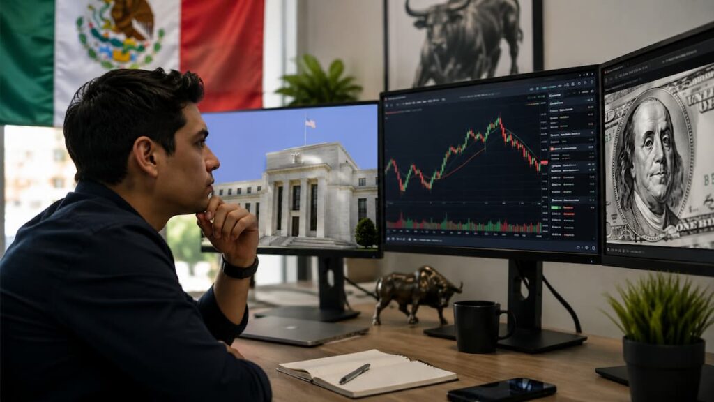 Trader mexicano revisando Fed dólar y USD MXN antes de operar