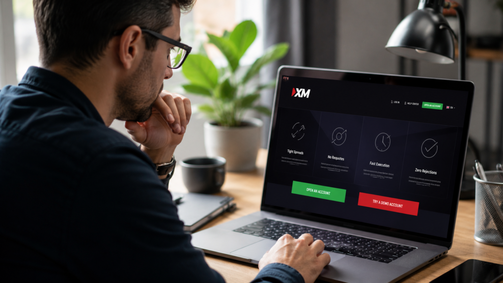 Trader revisa condiciones de XM antes de abrir cuenta