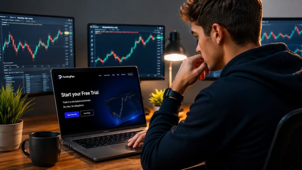 Trader revisa el Free Trial de FundingPips antes de pagar un challenge