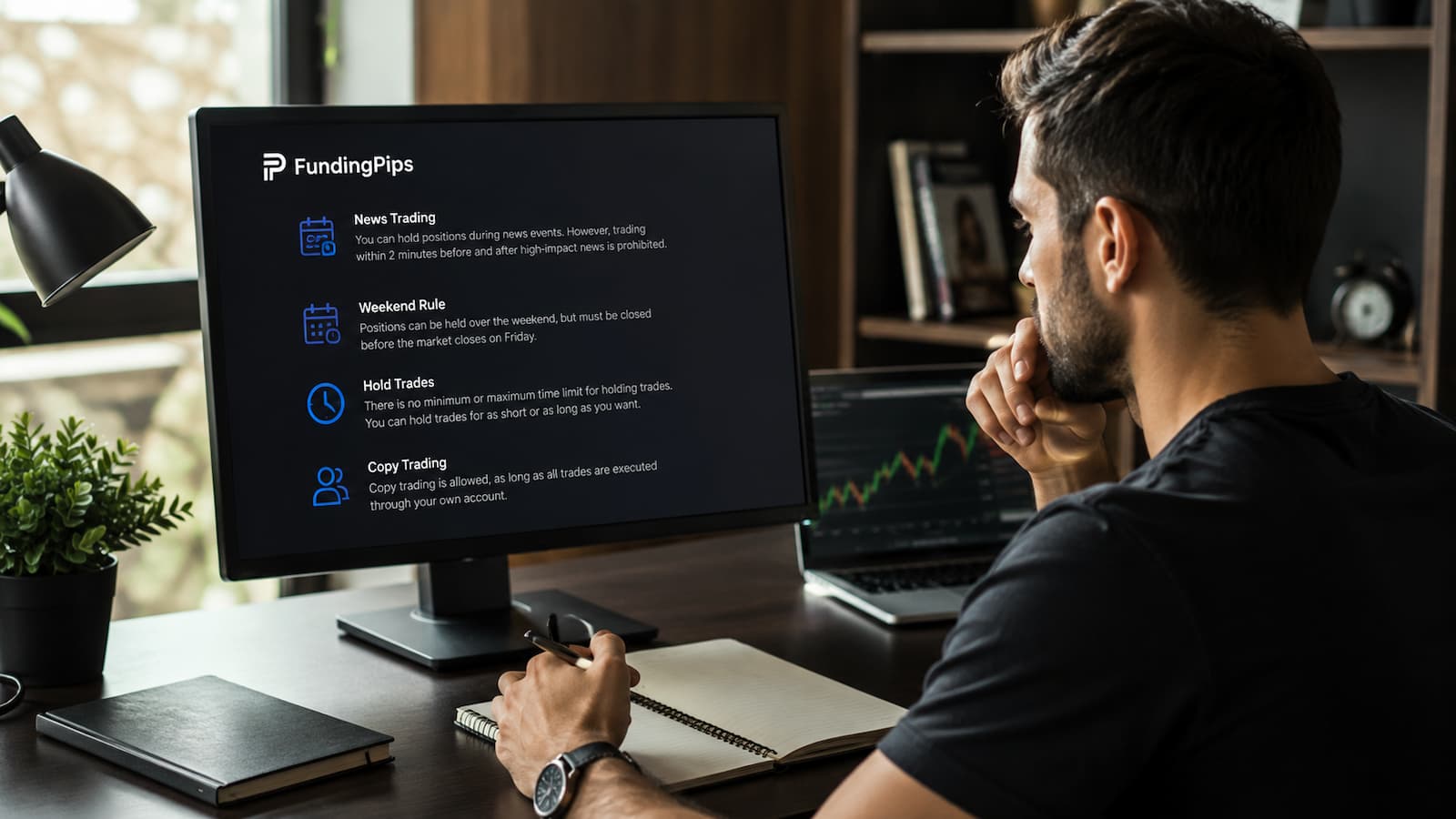 Trader revisa reglas de FundingPips antes de mantener posiciones abiertas