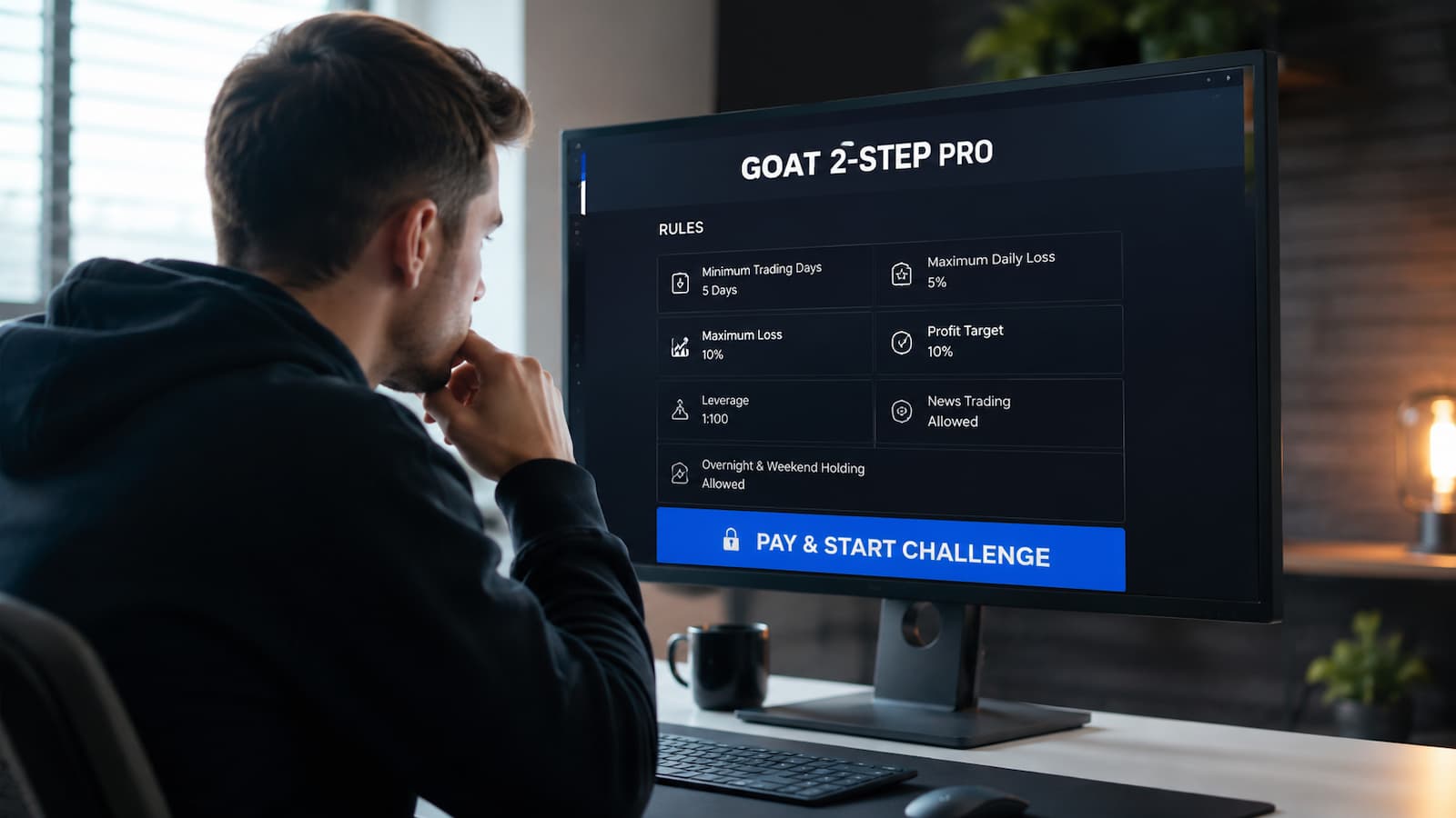 Trader revisa reglas de Goat 2 Step Pro antes de pagar un reto