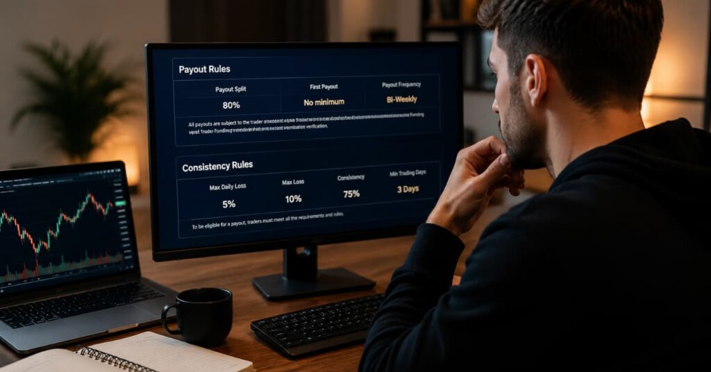 Trader revisa reglas de payout y consistencia en Apex