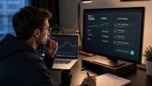 Trader revisando buffer y reglas de payout del Rapid 150K