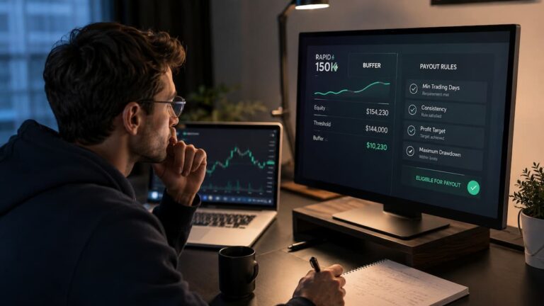 Trader revisando buffer y reglas de payout del Rapid 150K