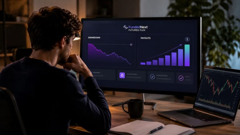 Trader revisando drawdown y payout de FundedNext Futures Flex