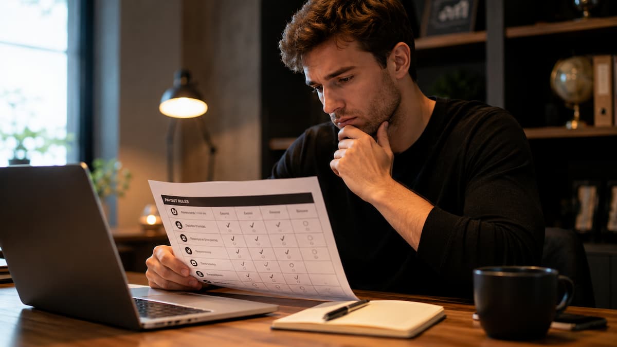 Trader revisando reglas de payout antes de elegir fondeadora