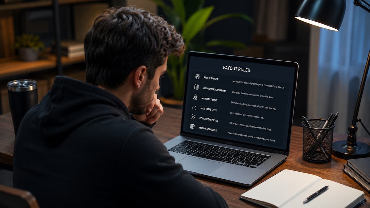 Trader revisando reglas de payout en una cuenta fondeada