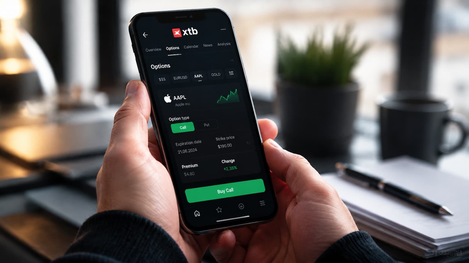 App de XTB mostrando la operativa con opciones financieras