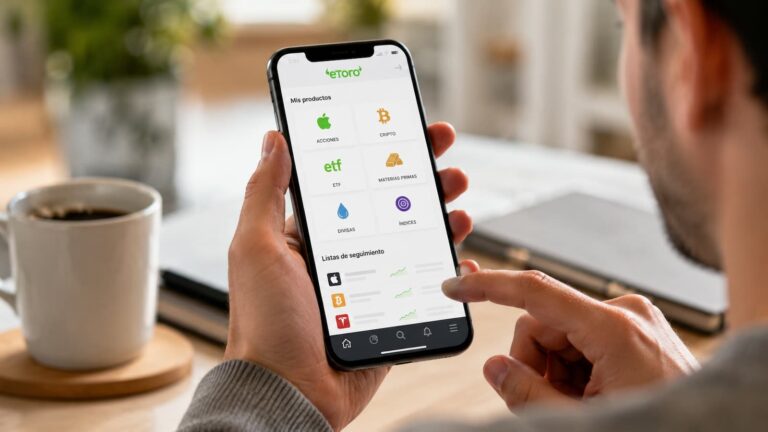 App de eToro en móvil con revisión de productos disponibles para México