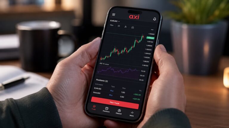 App móvil de trading de Axi con gráficos y posiciones abiertas