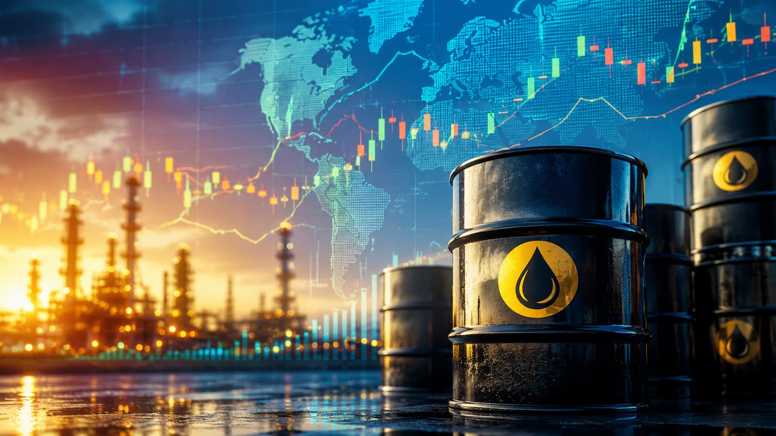 Barriles de petróleo y gráficas de mercado energético global