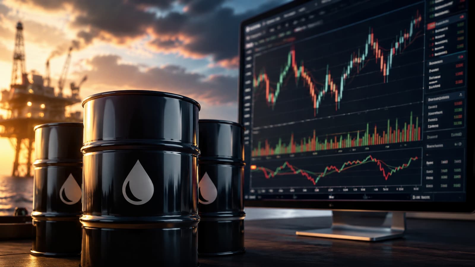 Barriles de petróleo y plataforma de trading con gráficos de volatilidad.