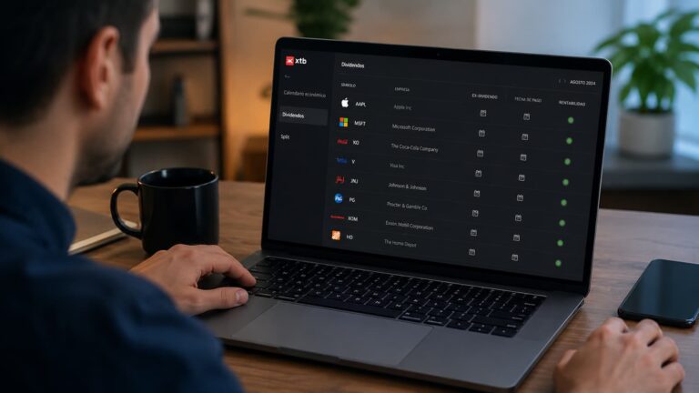 Calendario de dividendos y splits en xStation para revisar posiciones en XTB.