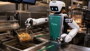 Flippy el robot de cocina de Miso Robotics trabaja en una estación de fritura.