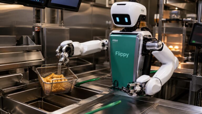 Flippy el robot de cocina de Miso Robotics trabaja en una estación de fritura.