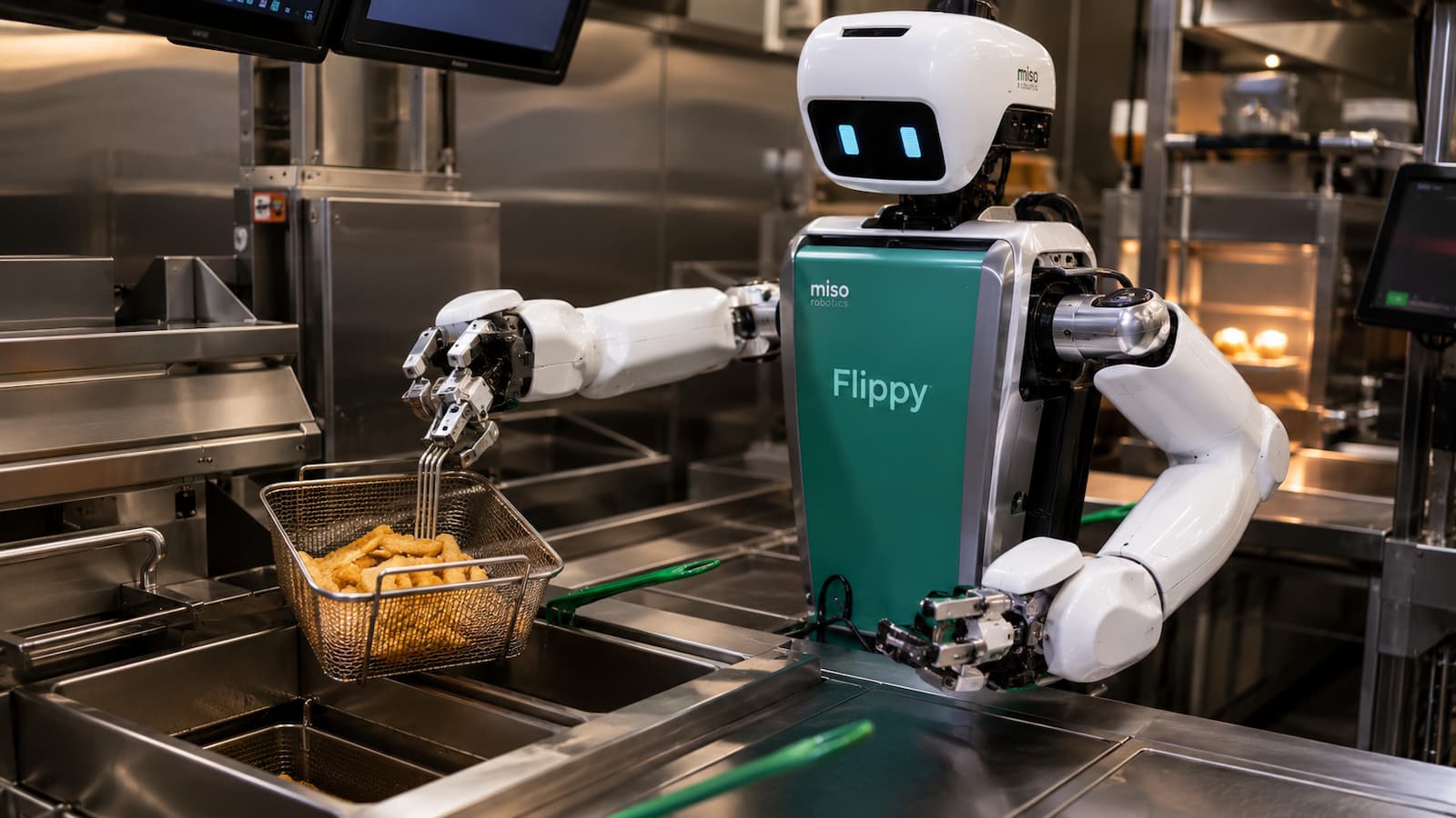 Flippy el robot de cocina de Miso Robotics trabaja en una estación de fritura.