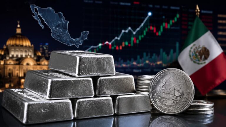 Lingotes de plata y gráficos de mercado con enfoque en México