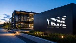 Logo de IBM en un centro tecnológico tras publicar sus resultados del segundo trimestre.
