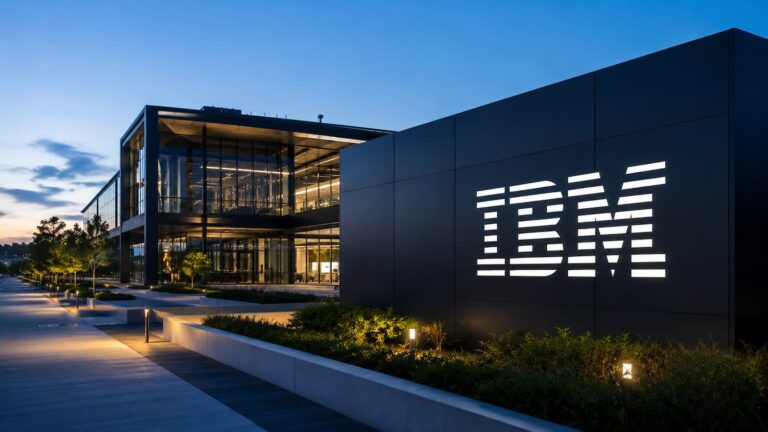 Logo de IBM en un centro tecnológico tras publicar sus resultados del segundo trimestre.