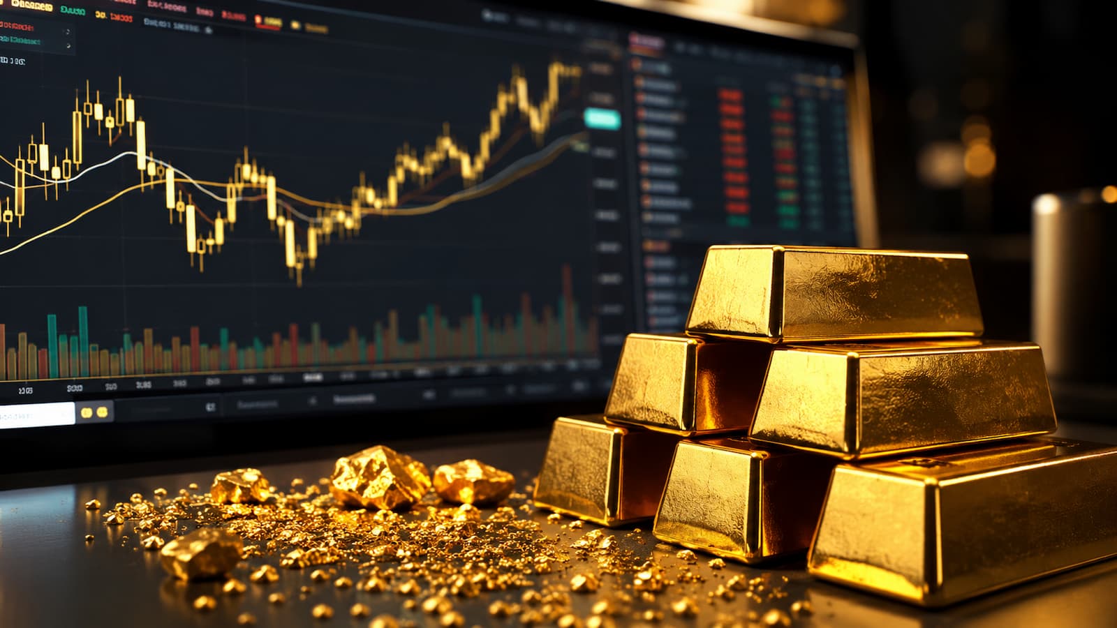 Oro en pantalla de trading; Vantage suma XAUUSD247 con acceso 24 7.