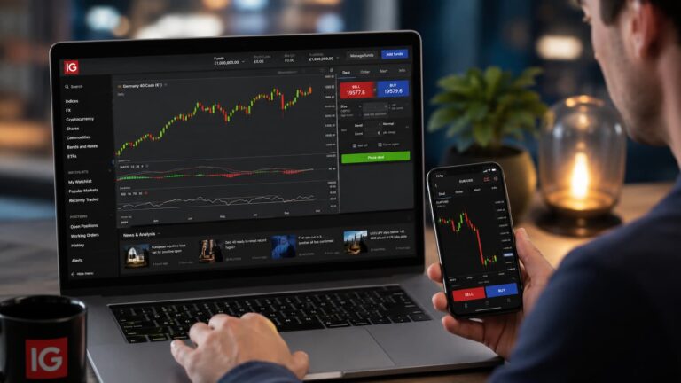 Página oficial de IG Status con plataforma trading y retiros operativos.