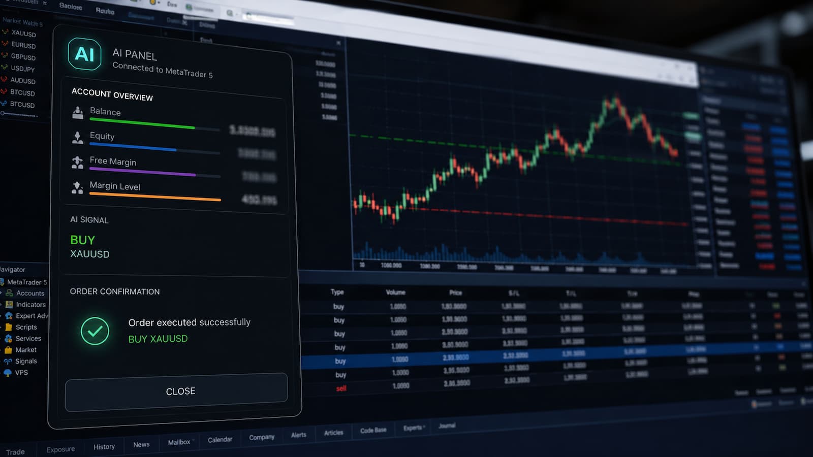 Panel de IA conectado a MetaTrader 5 con datos de cuenta y confirmación de orden