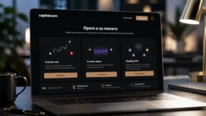 Pantalla de Capital.com con opciones de cuenta real demo y trading CFD.