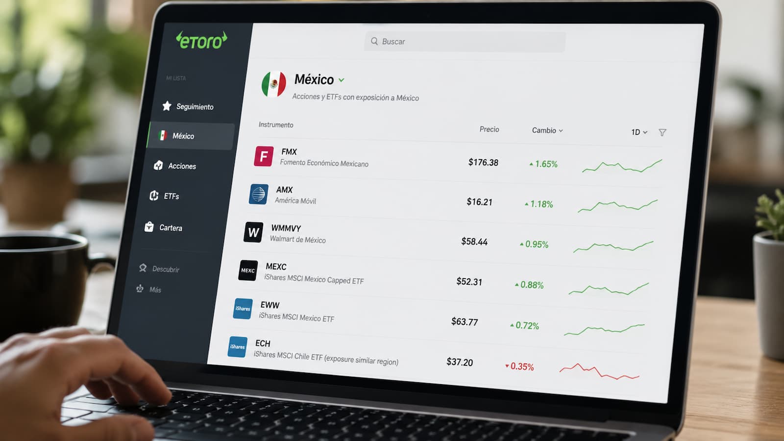 Pantalla de eToro con acciones y ETFs para seguir exposición a México