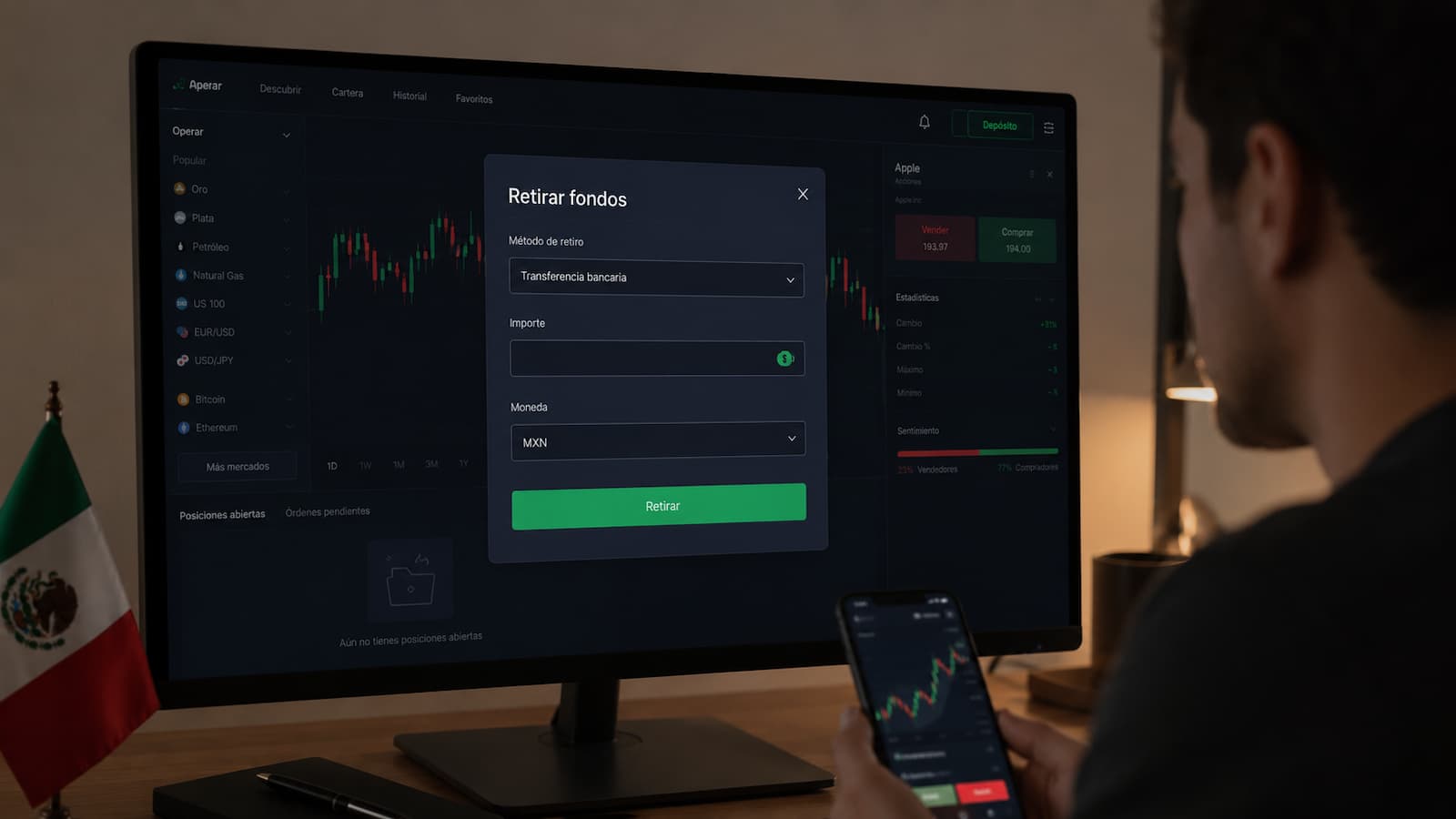 Pantalla de retiro en una plataforma de trading usada desde México