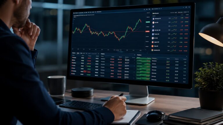 Pantalla de trading con gráfico de índices y revisión de vencimientos de CFD.