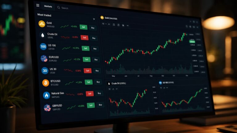 Pantalla de trading con oro petróleo e índices entre los mercados más operados.