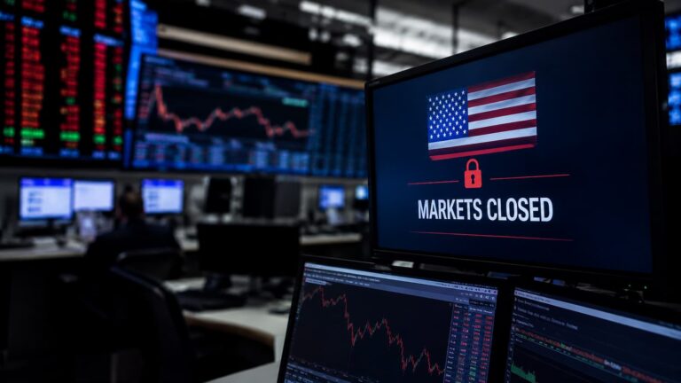 Pantallas de trading con mercados de EE.UU. cerrados por feriado