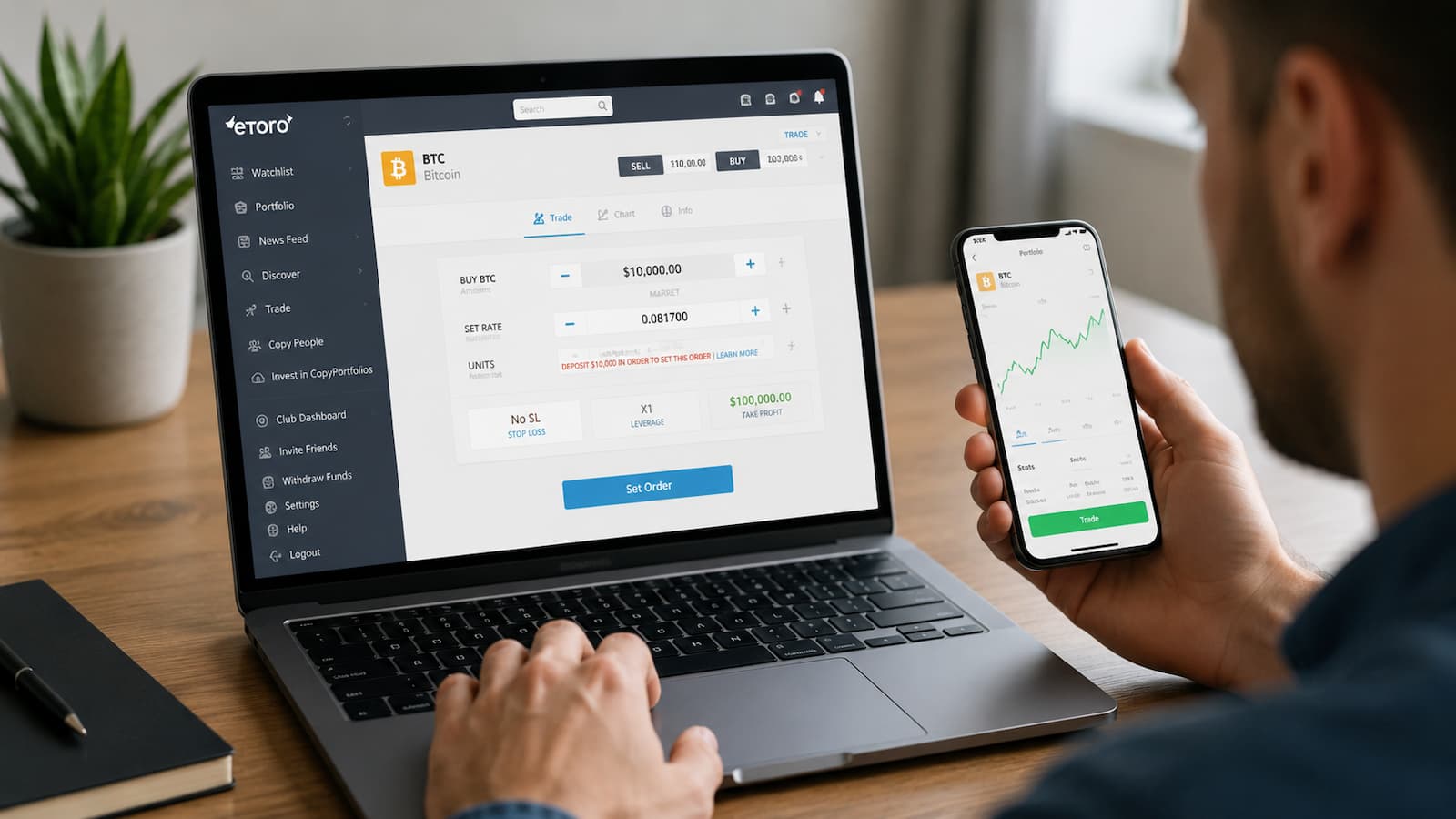 Plataforma de eToro con cálculo de unidades y tamaño de operación