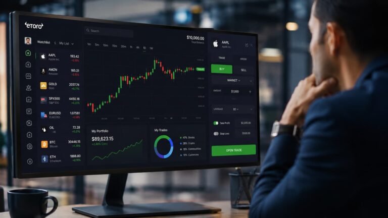 Plataforma de eToro en pantalla con enfoque en trading y herramientas