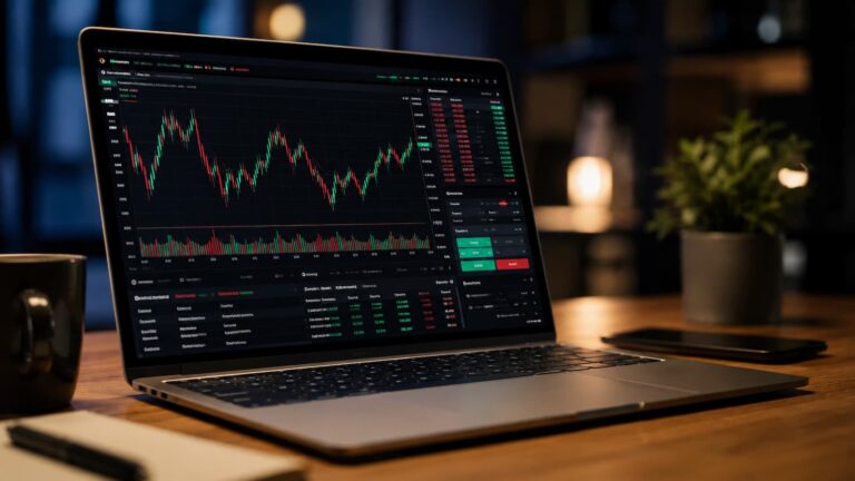 Plataforma de trading abierta en laptop con gráficos de mercado