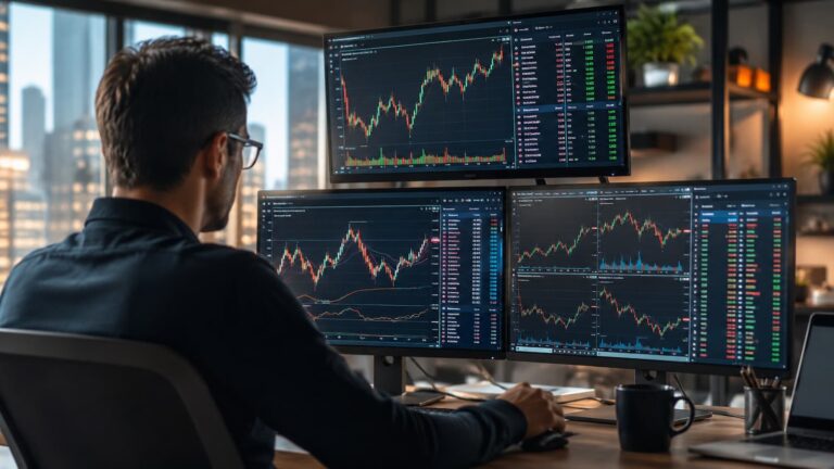 Plataforma de trading con futuros y datos de mercado en pantalla.