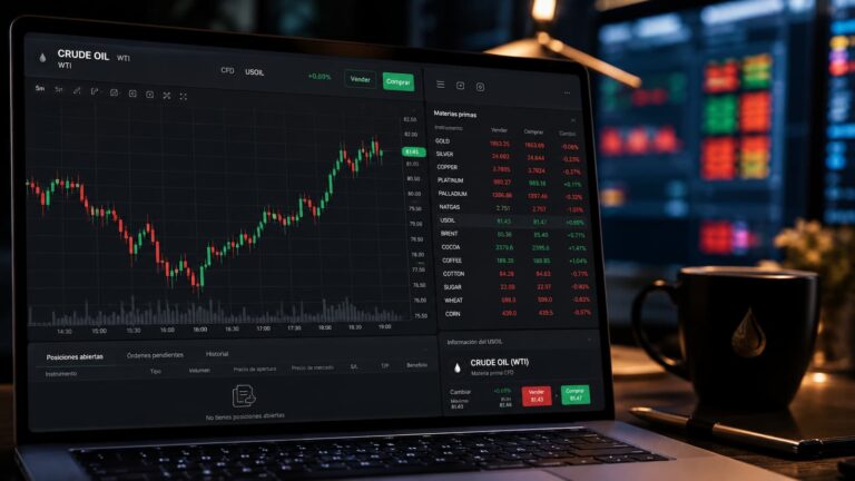Plataforma de trading con gráfico de petróleo y datos de mercado.