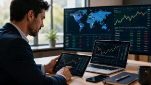 Plataforma de trading con mercados globales y revisión de disponibilidad.