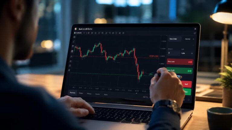 Plataforma de trading con órdenes stop y limit en revisión