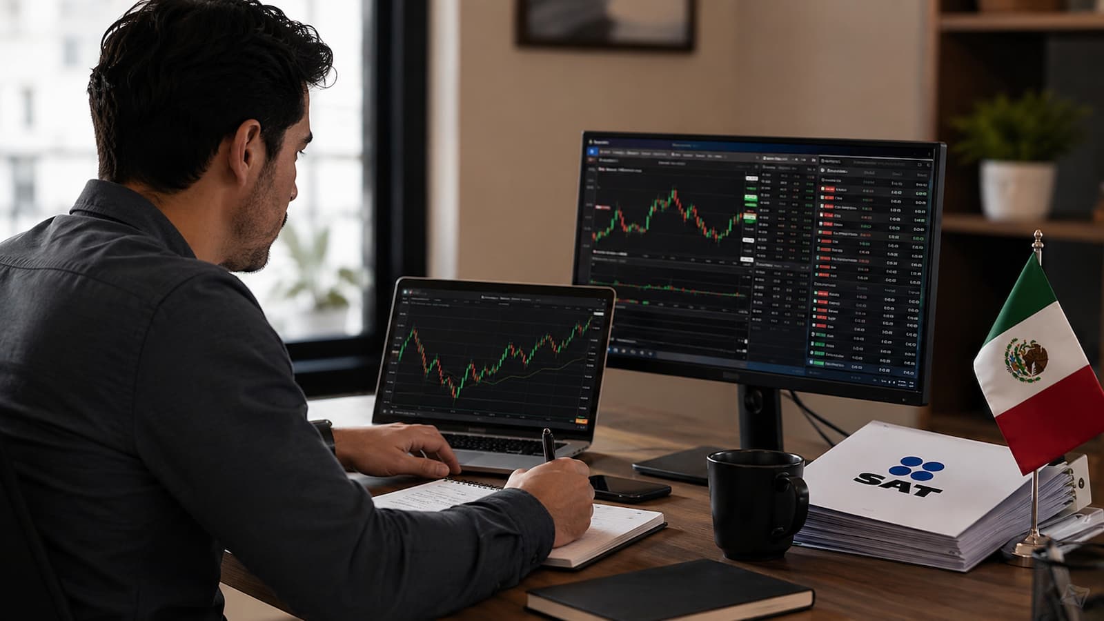 Trader mexicano revisando ganancias de CFD y obligaciones ante el SAT