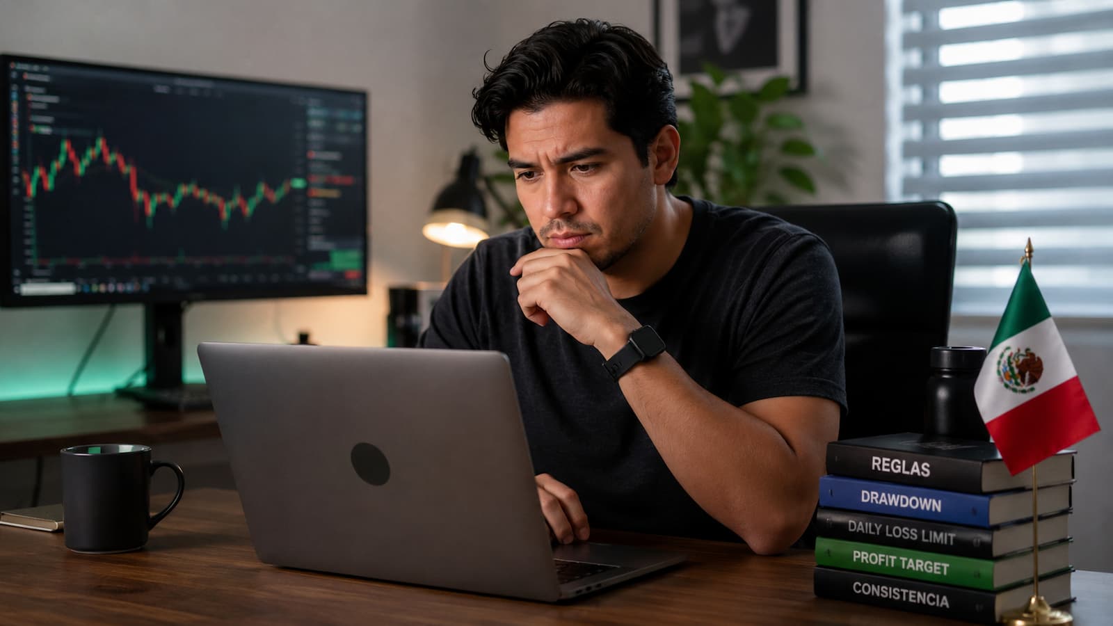 Trader mexicano revisando reglas de cuentas de fondeo de 5K