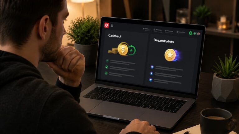 Trader revisa condiciones de cashback y DreamPoints en una plataforma online