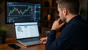 Trader revisa dominios y registros antes de depositar en una web de Forex