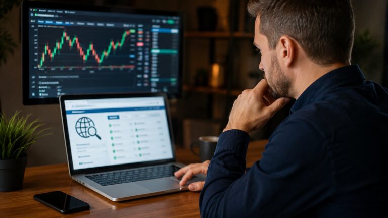 Trader revisa dominios y registros antes de depositar en una web de Forex