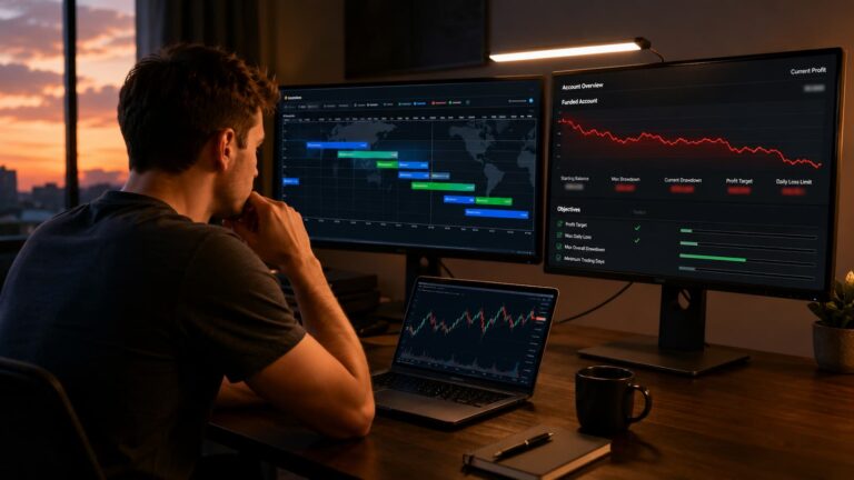 Trader revisa horarios de futuros y drawdown en cuenta fondeada