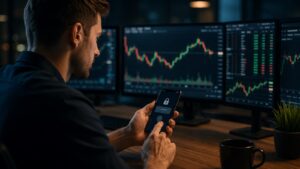 Trader revisa la seguridad de acceso en una plataforma de trading.