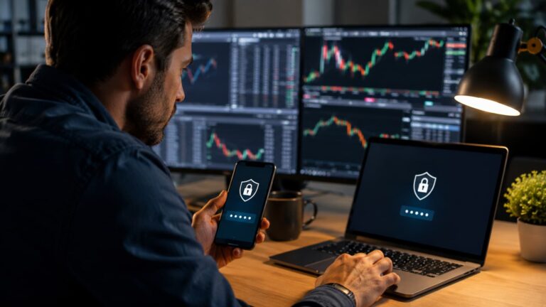 Trader revisa la seguridad de acceso en una plataforma de trading online.