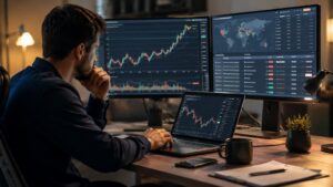 Trader revisa margen y eventos macro antes de operar en plataforma online